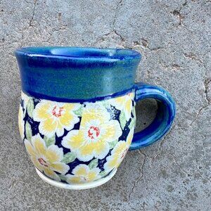 Blue Floral Mug Handmade Art Pottery